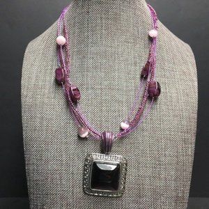Square Pendant Necklace Detailed Silver Purple Beads Multi Strand Retro BoHo